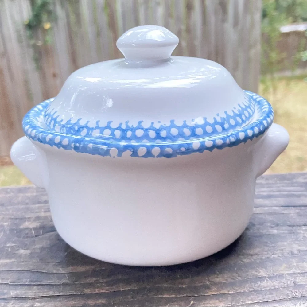 Blue and White Heart Design Ceramic Pot with Lid. Vintage Bowl Candy Dish